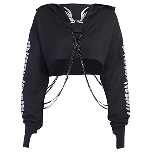 Jesse Women Reflective Fishbone Print Hoodies Gothic Punk Long Sleeve Cut Out Sweatshirt with Chain Hip Hop Pullover Crop Tops Black