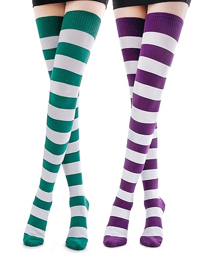 Kayhoma Extra Long Cotton Stripe Thigh High Socks Over the Knee High Socks - Medium - Green/Purple