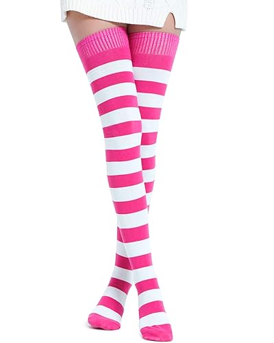 Kayhoma Extra Long Cotton Stripe Thigh High Socks Over the Knee High Socks - Medium - Fuschia/White