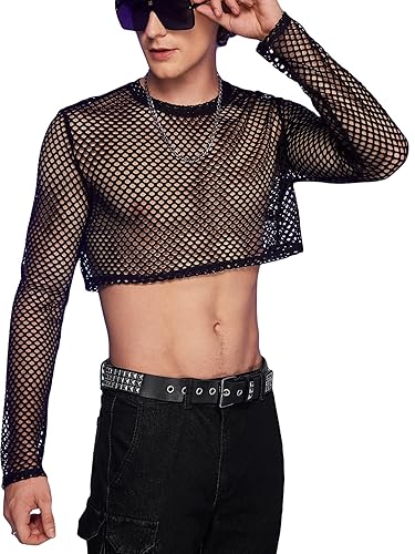 WDIRARA Men's See Through Fishnet Mesh Long Sleeve Sheer Crop Tops Party Club Top - Large - Black
