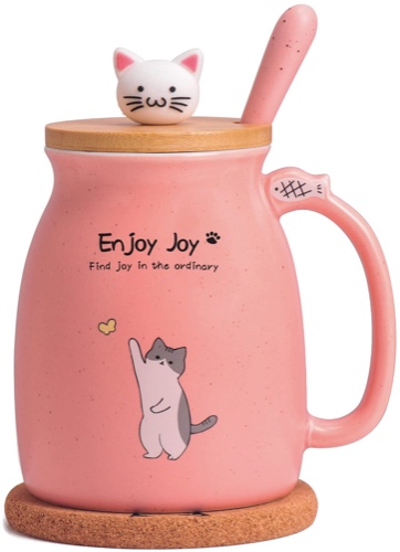 Feify Cute Cat Cup Ceramic Coffee Mug with Kawaii Cat Wooden Lid, Lovely Stainless Steel Spoon, Anime Kitty Thicken Wooden Coaster, Christmas Birthday Gift Cute Thing Japanese Mug 480ML(Pink) - Pink