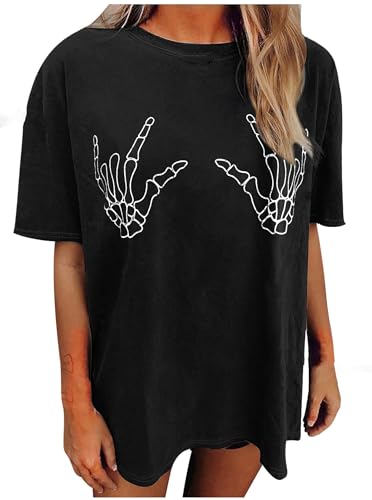 Avanova Women Skull Skeleton Graphic Oversized Tee Top Short Sleeve Loose T Shirts - XX-Large - Black Skull