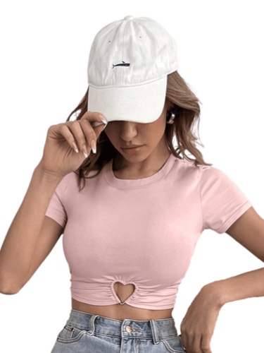SOLY HUX Women's Summer Crop Top Short Sleeve T Shirt Cut Out Tee - Small Light Pink