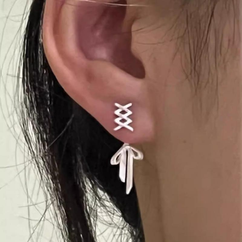 Lace Up Cute Harajuku Bow Effect Stud Earrings - Silver Toned Metal