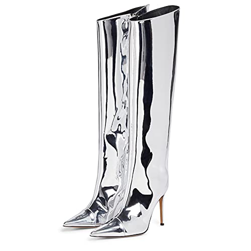 Arqa Metallic Leather Boots for Women Pointed Toe Stiletto High Heel Knee High Boots Dressy Summer Party Chrome Shoes - 7 - Silver