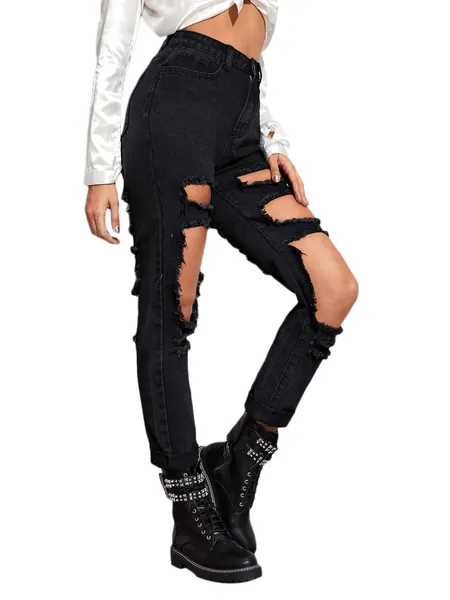 SweatyRocks Women's Ripped Boyfriend Jeans Distressed Denim Ankle Length Jeans - Medium Black-2