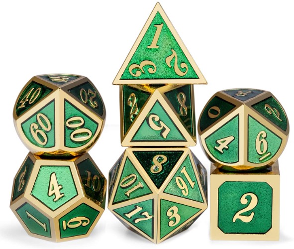 Metal Dice Set D&D, DNDND 7 Die Green DND Dice with Metal Case for Dungeons and Dragons Role Playing Game and Tabletop Games (Gold Number with Enamel Green)