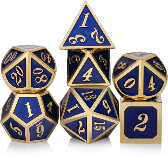 DnDnD Heavy Polyhedral Metal Dice Set with Metal Box, 7-die Shiny Blue Surface with Golden Number for RPG,Dungeons and Dragons,Pathfinder,Shadowrun,D&D,Role Palying Game and Math Teaching - Blue With Gold Number
