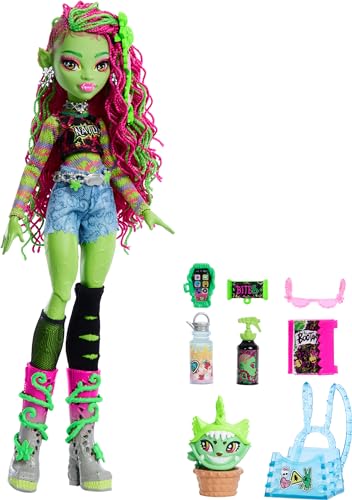 Monster High Venus McFlytrap Doll, Plant Monster with Pet Cat Chewlian & Accessories Like Backpack, Notebook, Snacks & More - Multicolor