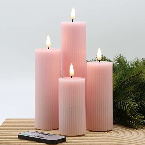 Girimax Pink Ribbed Flameless Pillar Candles with Remote, Slim Tall Flickering LED Wax Battery Candles Φ 2" H 4" 5" 6" 8" - Pink, Set of 4