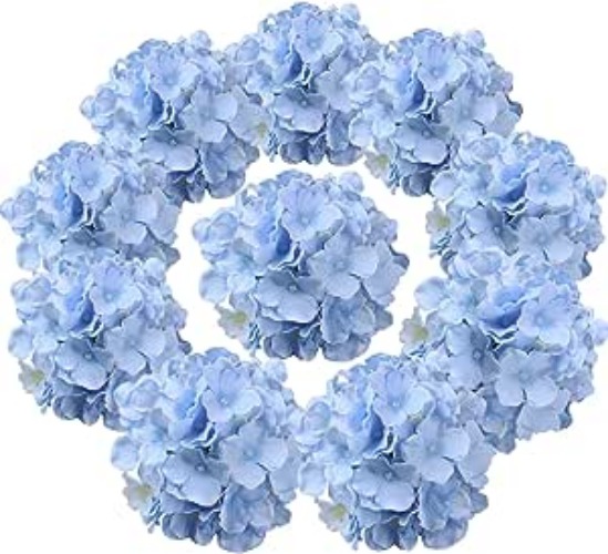Flojery Silk Hydrangea Heads Artificial Flowers Heads with Stems for Home Wedding Decor,Pack of 10 (Blue) - Blue