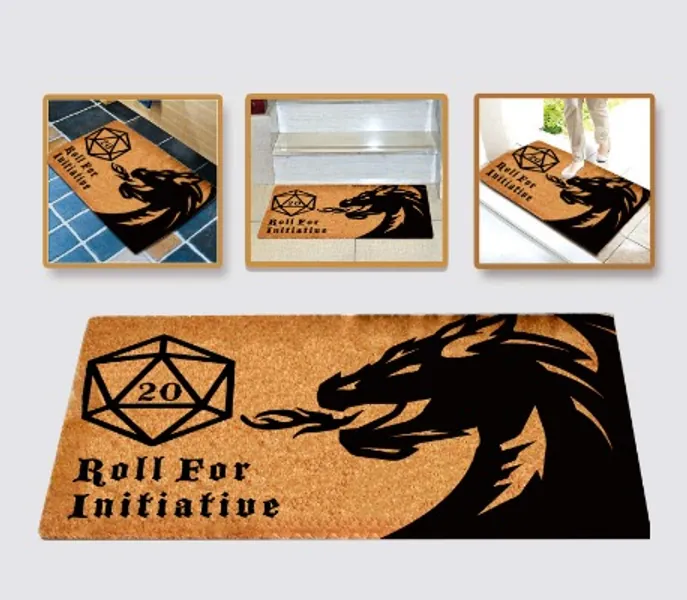Roll for Initiative Welcome Mat Brown Coir Funny Doormat Printed with Dragon and D20 Roleplaying Tabletop RPG Gaming Non-Slip Backing Door Mat, 30"x18"