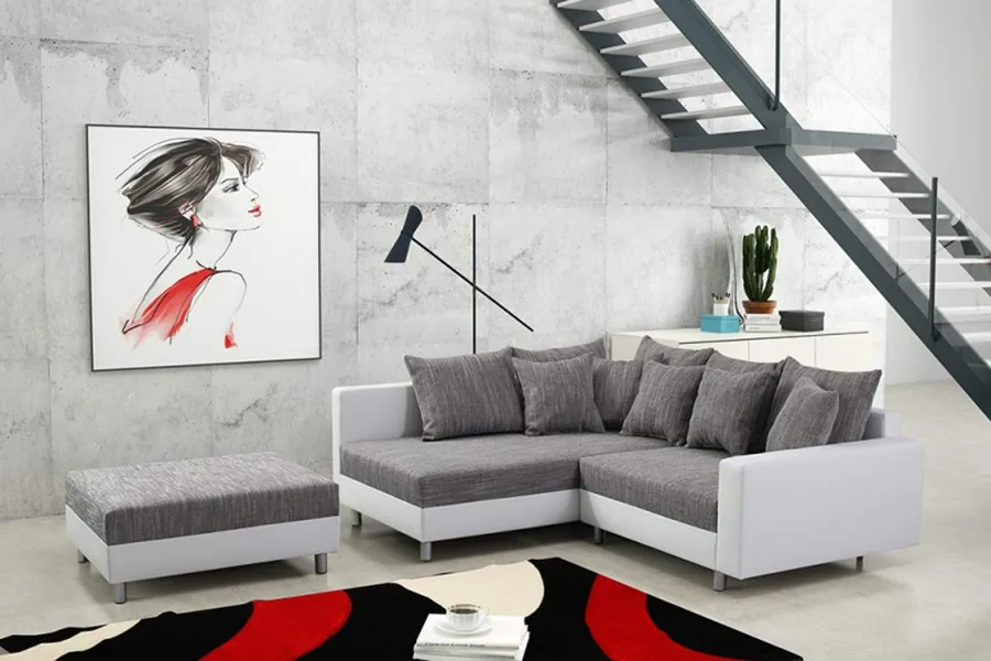 Küchen-Preisbombe Modernes Sofa Couch Ecksofa Eckcouch in Weiss Eckcouch mit Hocker - Minsk L - 