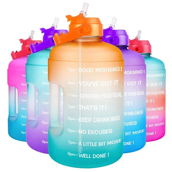QuiFit 1 Gallon Water Bottle - with Straw & Motivational Time Marker Leak-Proof BPA Free Reusable Gym Sports Outdoor Large(128OZ/73OZ) Capacity Water Jug - QFA6 Orange/Green Gradient 1 Gallon