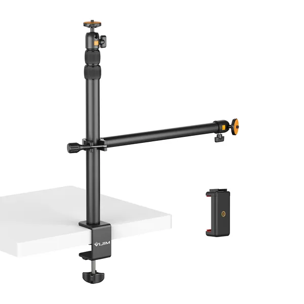 JUSMO Camera Desk Mount with Auxiliary Holding Arm, Overhead Camera Mount with 360° Ballhead and Phone Grip, Table C-Clamp Multi Mount Stand for DSLR, Phone, Light, Webcam and More (LS02)