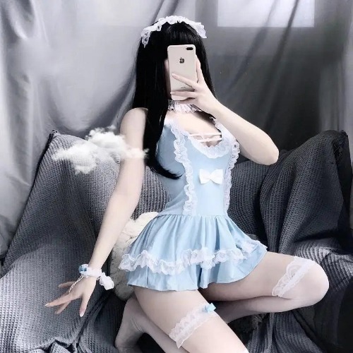 Blue Ruffled Lolita Maid Dress for Pastel Cuties - Outfit With Stockings