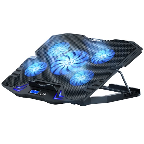 TopMate C5 Base de Refrigeradora Portatil, Laptop Cooler Cooling Pad Refrigerador para Portátiles de 10-15,6" de Altura Ajustable con 5 Ventiladore Silenciosos Luz LED Azul, 2 Puertos USB+Pantalla LCD