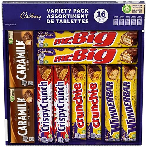 Cadbury 16 Full size Chocolatey Candy Bars, Variety Pack, Wunderbar, Caramilk, Mr. Big, Crunchie, Crispy Crunch, Gift Pack, 816 g - Chocolate Candy