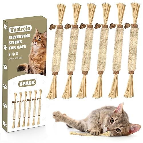 Tocirelo Silvervine Sticks Cat Toys - 6Pack Natural Cat Chew Toy Teeth Cleaning, Matatabi Dental Care Kitten Treat, Catnip Cat Teething Toys, Catmint Silver Vine Sticks for Bored Indoor Kitty - Silvervine 6Pack