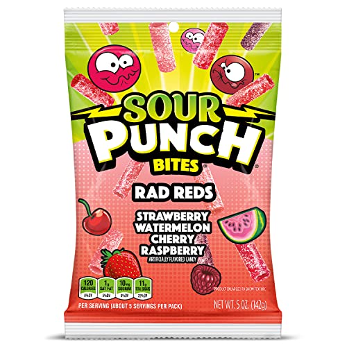 Sour Punch Bites, Rad Reds Watermelon, Strawberry, Cherry & Raspberry Chewy Candy, 5oz Bag (Pack of 12) (Packaging may vary)