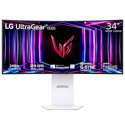 LG 34GS95QE 34-inch Ultragear OLED Curved Gaming Monitor WQHD 800R 240Hz 0.03ms DisplayHDR True Black 400 AMD FreeSync Premium Pro NVIDIA G-Sync HDMI 2.1 DisplayPort Tilt/Height/Swivel Stand White - 34 inch - White - Tilt/Height/Swivel