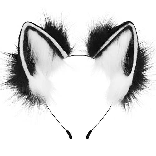 Adolala Furry Cat Wolf Fox Ears Headband Halloween Headwear Cosplay Costume Party for Women Girls - Blackwhite