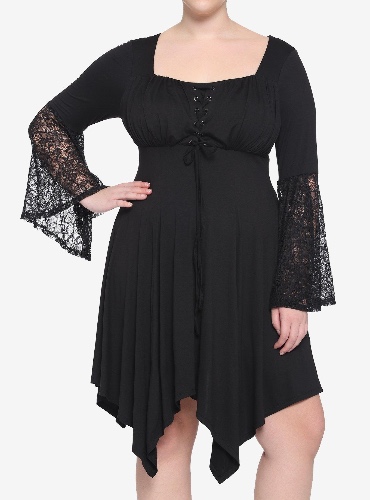 Black Empire Waist Lace Sleeve Dress Plus Size