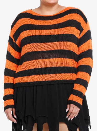 Social Collision Black & Orange Stripe Girls Crop Sweater Plus Size