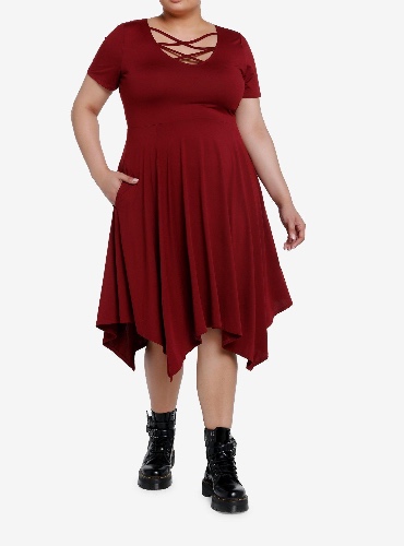 Cosmic Aura Burgundy Strappy Hanky Hem Dress Plus Size