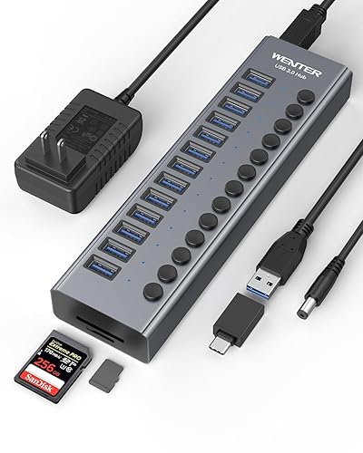 Powered USB 3.0 Hub, Wenter 13 Ports Powered USB Hub with SD/TF Card Reader, Aluminum USB Splitter with Individual On/Off Switches, 12V/3A 36W Power Adapter for PC/Laptops - Aluminum 13 Ports