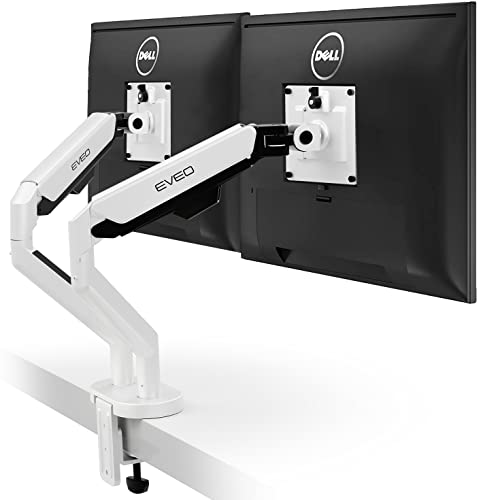 EVEO Premium Dual Monitor Stand 14-32”,Dual Monitor Mount VESA Bracket, Adjustable Gas Spring Monitor Stand for Desk Screen - Full Motion Dual Monitor Arm-Computer Monitor Stand for 2 Monitors -White - White