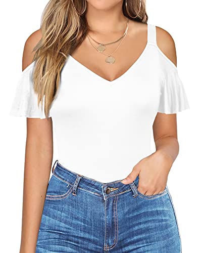 HERLOLLYCHIPS Sexy Tops for Women Cold Shoulder Deep V Neck Short Sleeve Slim Fit Summer Casual Tees T-Shirts - Small - B White