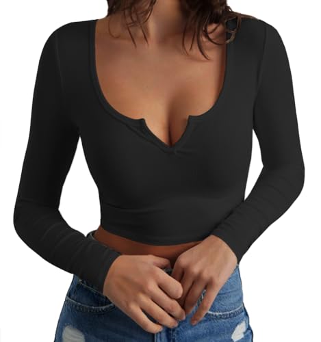 Artfish Women's Long Sleeve Scoop Neck V Notch Ribbed Slim Fitted Casual Basic Crop Top - Small - Black