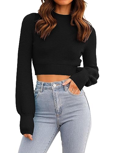 ZESICA Women's Fall Mock Neck Cropped Sweater 2024 Long Sleeve Soft Ribbed Knit Pullover Jumper Tops - Small - Black