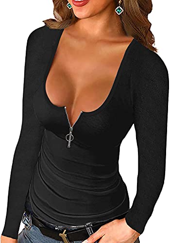 Deerludie & T Women's Long Sleeve Ribbed Knit Neck Tunic Tops Sexy Low Cut Slim Fit T Shirt Blouse - Small - Yz-long Black