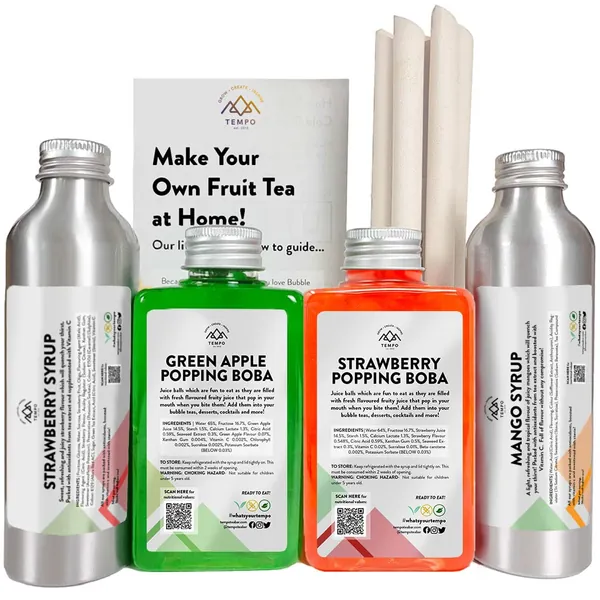 Tempo Strawberry & Mango Bubble Fruit Tea Home Kit with Apple & Strawberry Popping Boba, Serves 6, Great for Parties, Birthdays, or a Unique Gift, Vegan, Vegetarian, Gluten Free, Low Sugar & Calorie