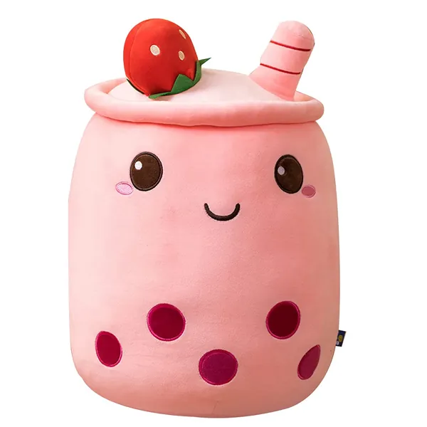 Bubble Tea Plush Pillow Boba Plushie Plush Pillow, Cute Milk Tea Cup Plushie Bubble Tea Soft Toy with Strawberries, Bubble Tea Cup Plush Toy Soft Stuffed Throw Pillow for Kids