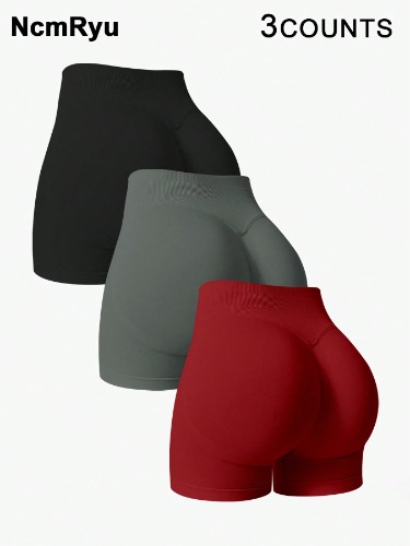 NcmRyu 3pcs Women High Waist Solid Color Seamless Elastic Outdoor Sports Shorts, Spring/Summer