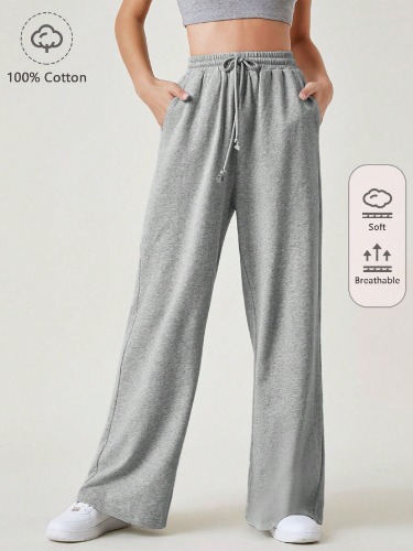 SHEIN BASICS Terry Fleece Wide Leg Drawstring Waist Pants