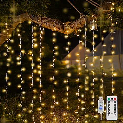 suddus Curtain Lights for Bedroom, 200 Led 6.5ft x 6.5ft Hanging String Lights Outdoor, Fairy Curtain Lights Indoor for Christmas, Wall, Backdrop, Window, Wedding, Party, Brithday Decor, Warm White - USB-200 LED - Warm White