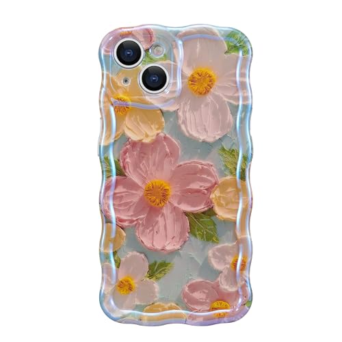 EYZUTAK Case for iPhone 13, Colorful Retro Oil Painting Printed Flower Laser Beam Glossy Pattern Cute Curly Waves Border Exquisite Phone Cover Stylish Durable TPU Protective Case for Girls Women-Green - iPhone 13 - Green
