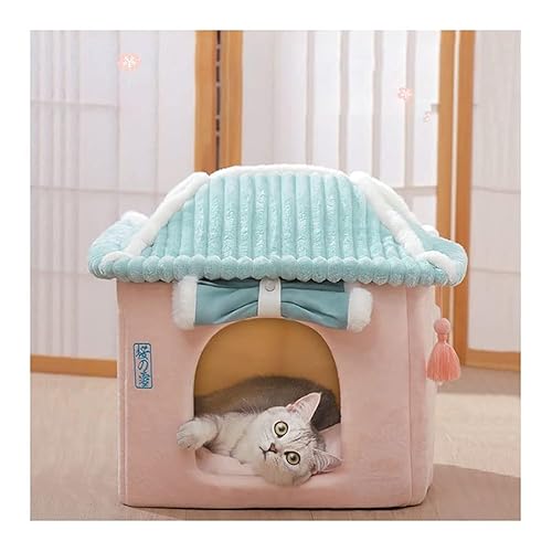 Cute Cat House,Pink Cat House with Rolled Door Curtain,Closed Cat Cave/Dog House, Washable Cat Bed,Cozy Dog Tent (Pink House)