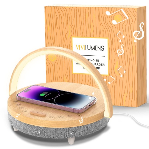 Vivilumens Bedside Table LED Night Light with Wireless Charger Bluetooth Speaker, Desk Lamp As Sleep Aid White Noise Machine Phone Holder, Great Gifts for Women(White Noise Upgrade)