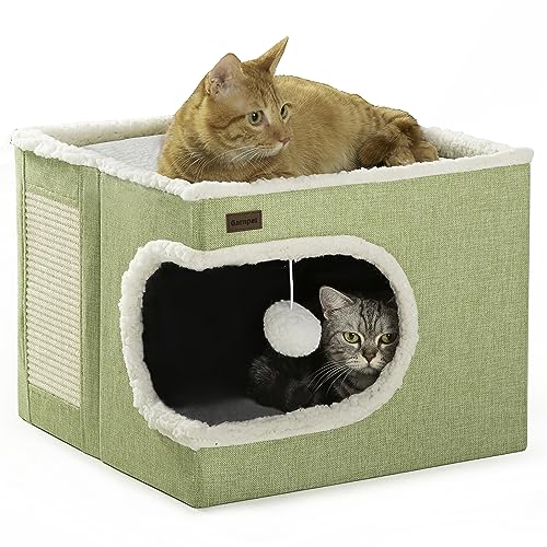 Garnpet Cat Bed for Indoor Cats Cube House, Covered Cat Cave Beds & Furniture with Scratch Pad and Hideaway Tent, Cute Modern Cat Condo for Multi Small Pet Large Kitten Kitty, Green - 16.5"D x 16.5"W x 13"H - Green