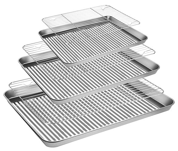 Stainless Steel Baking Sheet with Rack Set, Cookie Sheet with Cooling Rack, Set of 6 (3 Sheets + 3 Racks), Easy Clean - 6pcs
