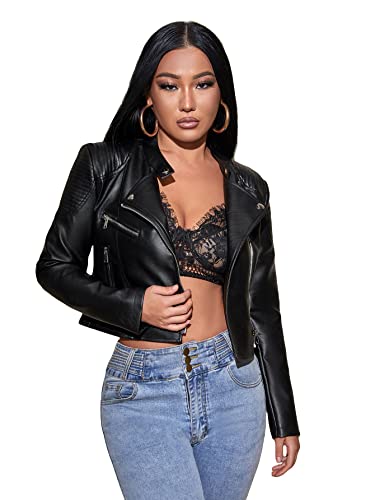 MakeMeChic Women's Petite Casual Faux Leather Cropped Jacket Zip Up Long Sleeve Moto Biker Coat - Small - Black