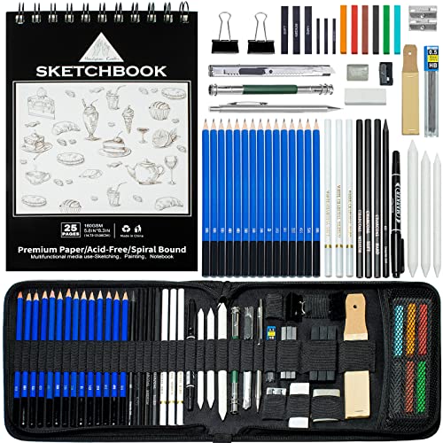 Handyman Crafts 50pcs Sketching pencils Drawing Pencils Set Art Supplies | Sketch pencils,Graphite,Charcoal,Sketch book,Drawing supplies | In Black Zipper Case | For adults,teeage, Kids 9-12