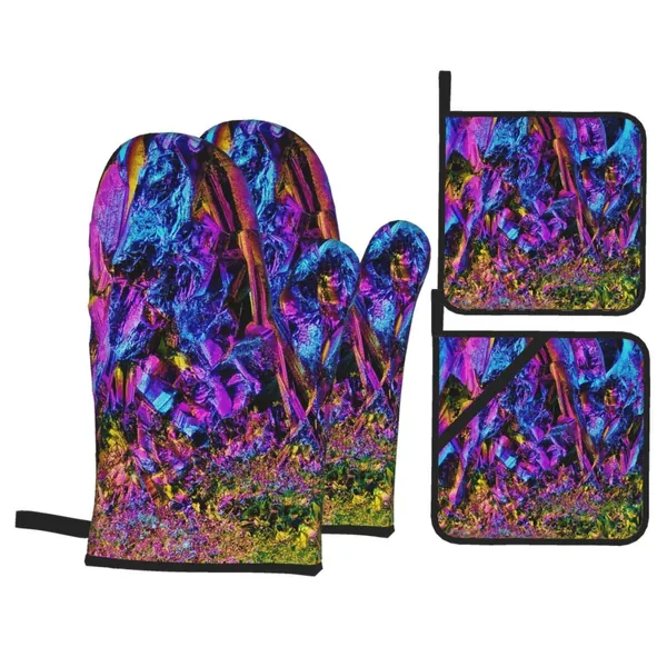 Rainbow Titanium Glass Oven Mitts and Pot Holders Set Heat Resistant Non-Slip Kitchen Gloves Washable Microwave Gloves with Soft Cotton Lining for Cooking Baking Grilling Barbecue - 