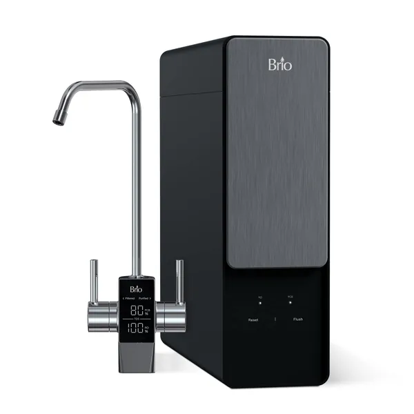 Brio Aquus TROE800COL Reverse Osmosis Water Tankless Filtration System, 800 Gallons Per Day, 2:1 Pure to Waste, Smart Faucet with TDS Meter, Composite and RO Filters, Black - 