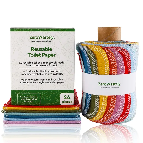 Reusable Toilet Paper - 24 Reusable Bidet Towels - Super Soft, Absorbent, Washable & Re-Rollable Cloth Wipes - Cut Back & Waste Less with our Colored Toilet Paper Towels - By ZeroWastely - 